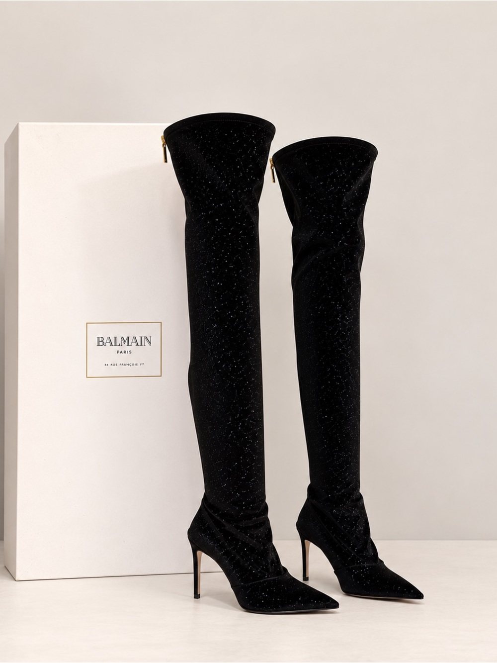 Balmain Blue Over-the-Knee Glitter Velvet Stiletto Boots